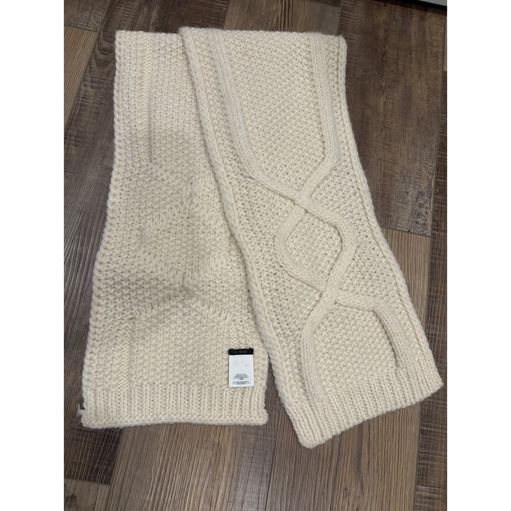 J.Crew Cable Knit Wool Acrylic Alpaca Warm Winter Wear Ivory Scarf 72x8in Women